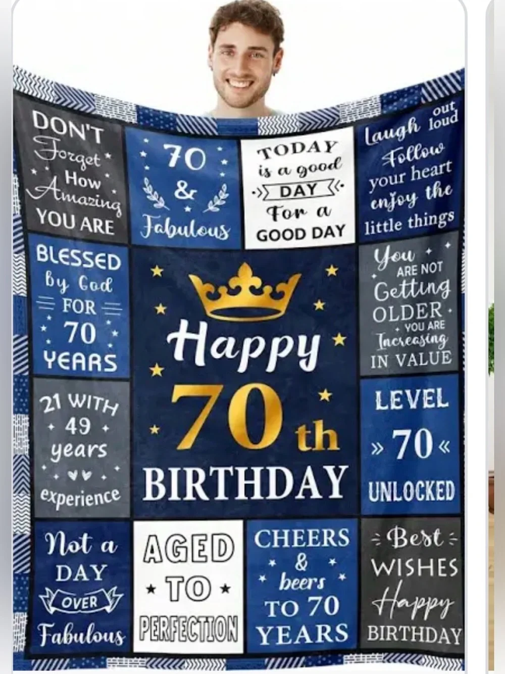 Happy 70th Birthday Fleece Throw Blanket - Blue & Gold
